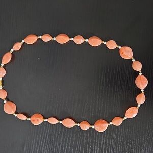 Vintage Avon 24.5in Long Salmon Marbled Bead Necklace Gold Ivory Statement